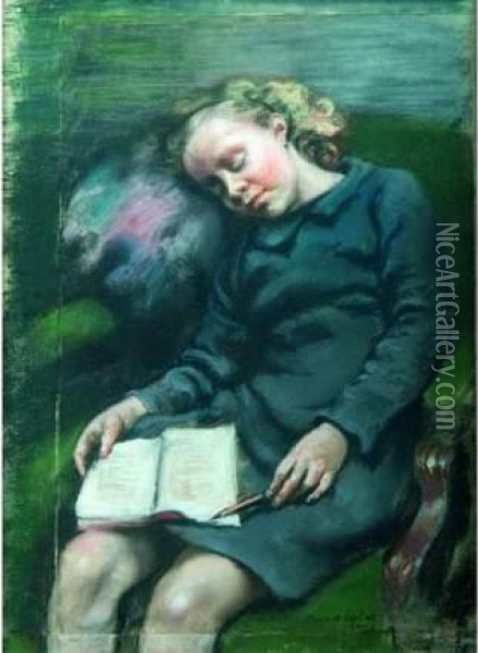 Colette Maik, Endormie, Un Livre Sur Ses Genoux. Oil Painting - France Leplat
