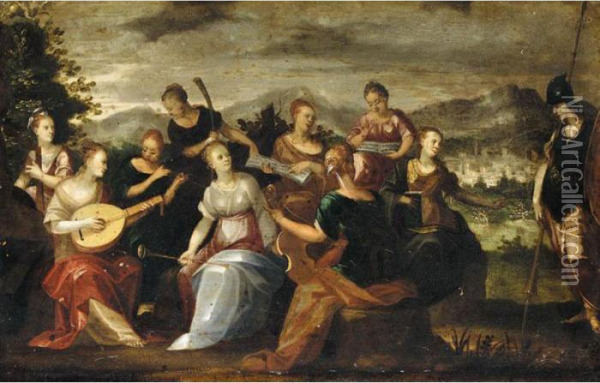 Pallas Athena Visiting The Nine Muses Oil Painting - Hans Von Aachen