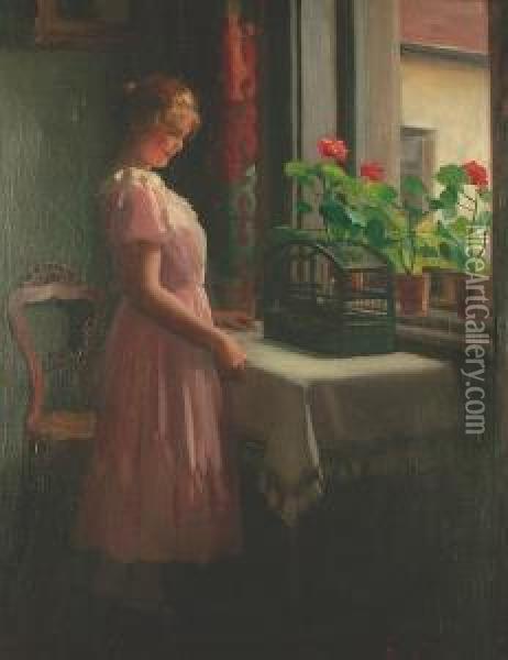 A Young Girl By A Window With A Canary Oil Painting - Emil Pap