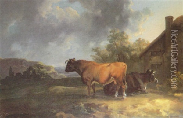 A Bull Standing Beside A Reclining Bull Outside A Farmhouse With Extensive Moor Beyond Oil Painting - William Sawrey Gilpin