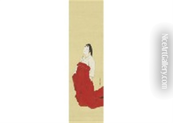 Woman In Kimono Oil Painting - Tamechika Reizei