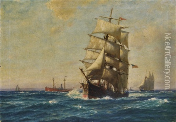 A Clipper Ship In Full Sail In The New York Harbor, With American Flags Flying And With Other Vessels In The Distance Oil Painting - William Edward Norton