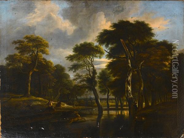 A Wooded River Landscape With A Stag Hunt Oil Painting - Jacob Van Ruisdael