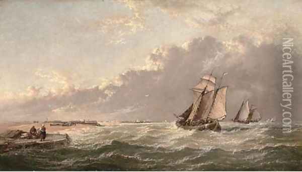 Dutch barges running inshore in a stiff breeze Oil Painting - Arthur Joseph Meadows