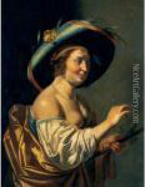 A Shepherdess, Half Length, 
Wearing A Large Blue Hat Decorated With An Iris And Holding A Staff Oil Painting - Jan Van Bijlert