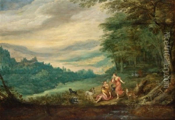 Venus Mourning Adonis In A Panoramic Wooded Landscape (in Collab. W/jan Breughel The Younger) Oil Painting - Joos de Momper the Younger