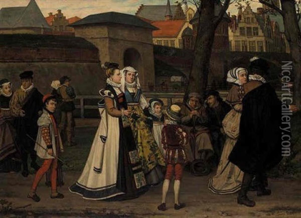 A Medieval Street Scene Oil Painting - Franz Kaspar Huibrecht Vinck