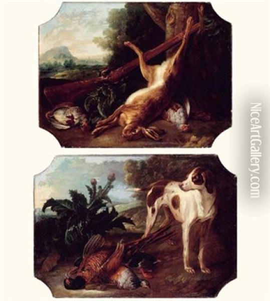 Chien A L'arret Devant Des Perdrix (+ Nature Morte Au Lievre Et Perdrix; Pair) Oil Painting - Alexandre Francois Desportes