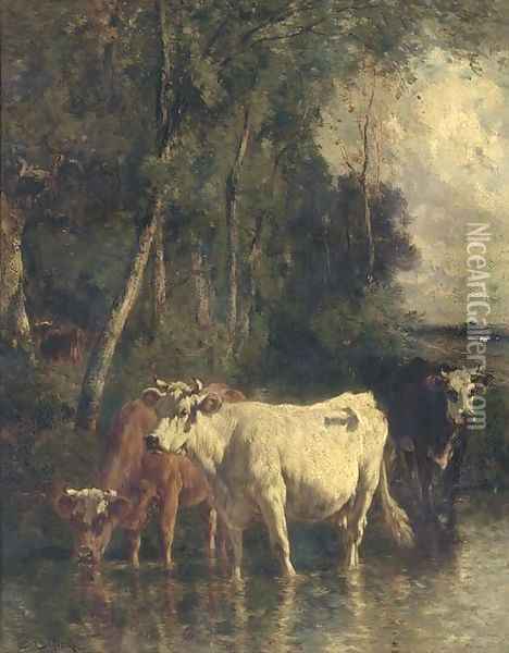 Cattle at the river Oil Painting - Emile Van Marcke De Lumman