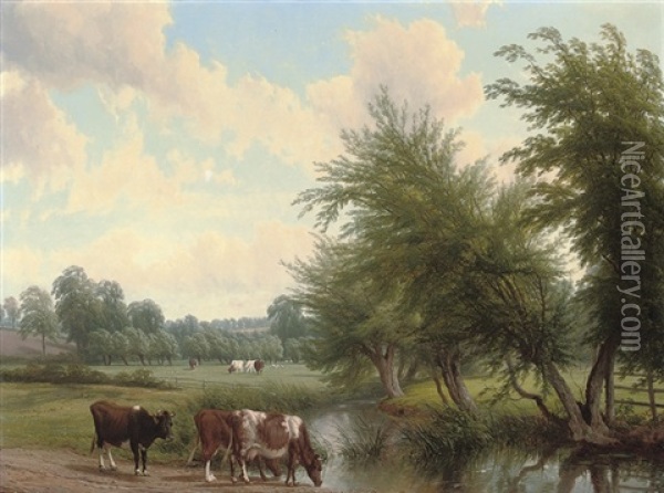 Cattle Watering In A Lush River Landscape Oil Painting - Thomas Baker