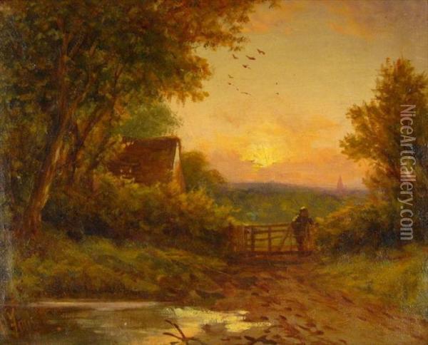 Scenic Landscape With A Boy And A Gate Oil Painting - Robert Robin Fenson