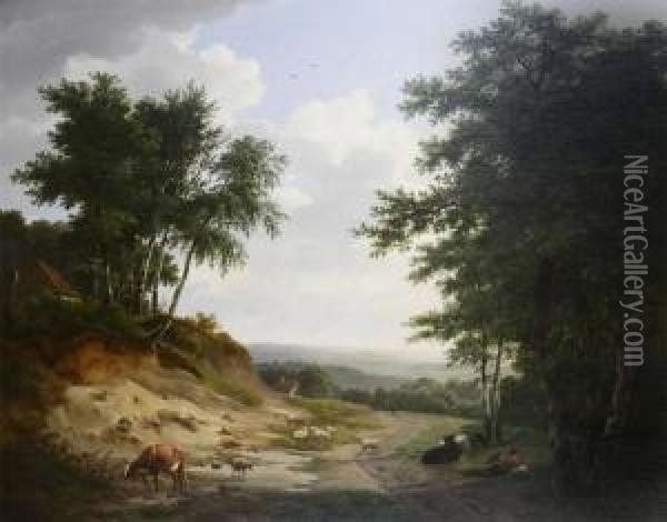 Wooded Landscape With Animals And Shepherd Oil Painting - Eugene Verboeckhoven
