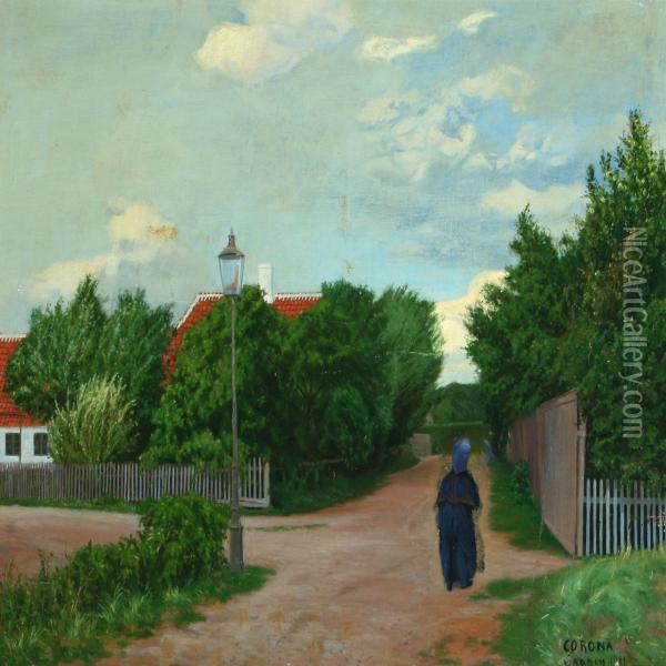 Summer Landscape With Older Woman On A Path Oil Painting - Poul Corona