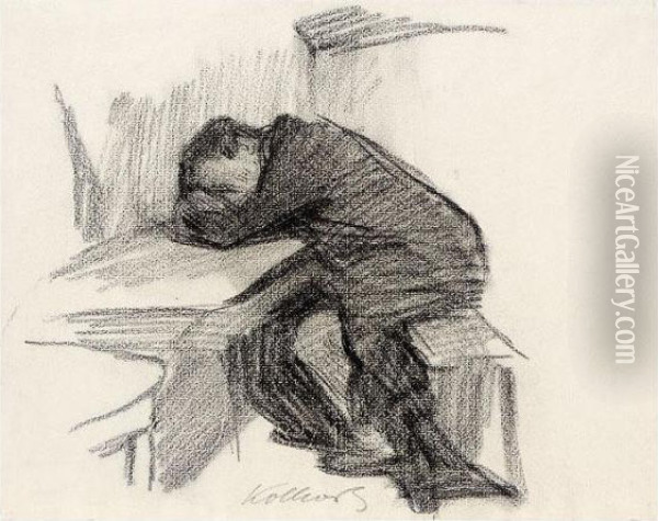 An Einem Tisch Sitzender Mann, 
Arme Und Kopf Aufgelegt Schlafend (man Seated At A Table, Sleeping With 
His Head On His Arms) Oil Painting - Kathe Kollwitz