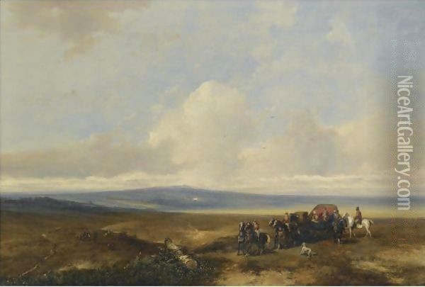 An Extensive Landscape With Elegant Figures In An Open-Topped Carriage, Horsemen Hunting In The Distance Oil Painting - Johannes Franciscus Hoppenbrouwers