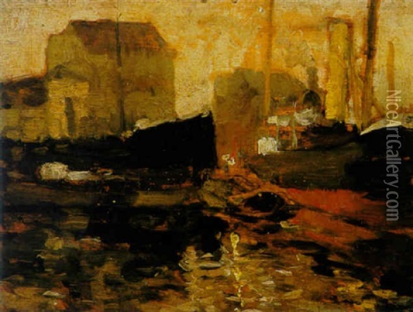 Boats In A Harbour Oil Painting - George Hendrik Breitner