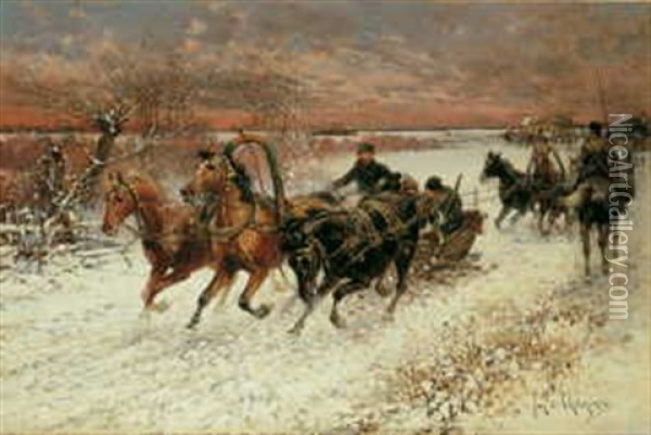 Russische Winterlandschaft Mit Kosakengespannen Oil Painting - Jan van Chelminski