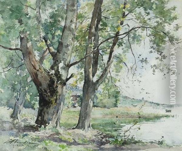 Sonnige Uferpartie Mit Baumen Am Neuenburgersee. Oil Painting - Paul Bouvier