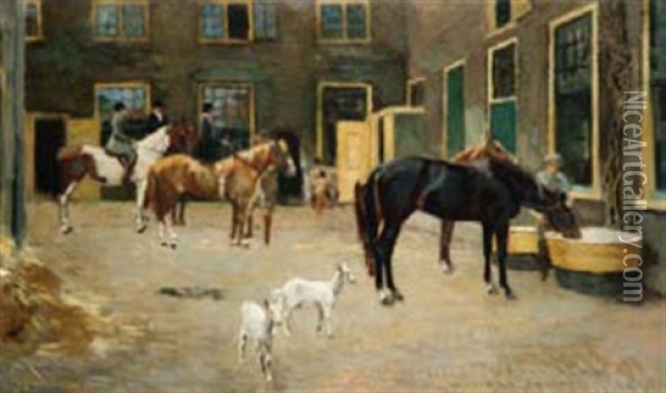 Horses And Riders In A Courtyard Oil Painting - Frans David Oerder