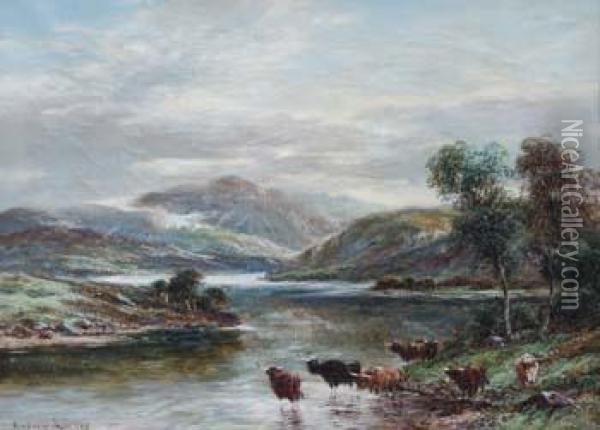 Highland
River Scene With Cattle Watering, Oil Painting - Andrew Lennox