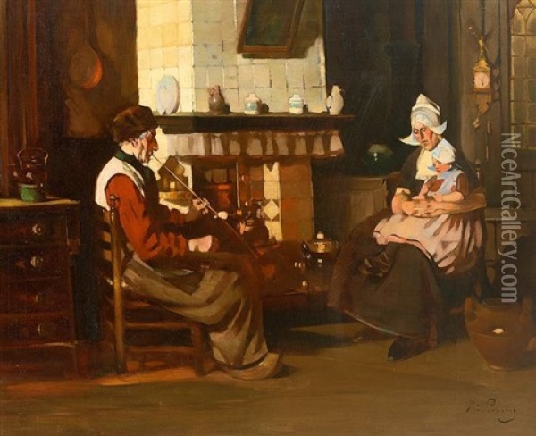 Interieur Einer Hollandischen Stube; Vor Dem Kamin Sitzendes Paar Mit Kleinkind Oil Painting - Rudolf Possin