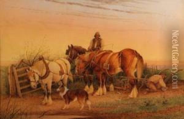 Farm Workers And Heavy Horses Oil Painting - Frederick E. Valter