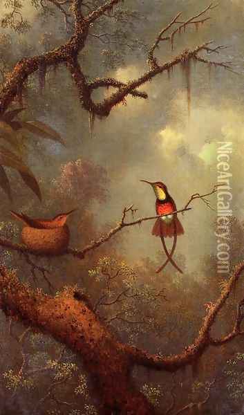 Cromson Topaz Hummingbirds Nesting In A Tropical Forest Oil Painting - Martin Johnson Heade