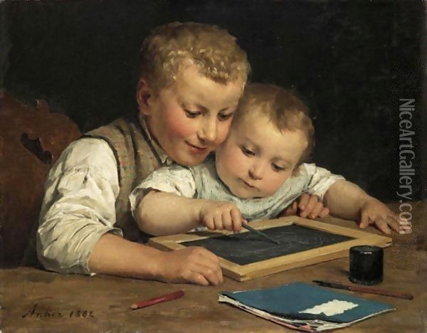 Two Children With A Slate Board, 1882 Oil Painting - Albert Anker