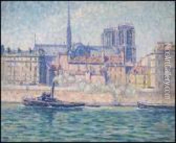 Les Tours De Notre Dame Et Le Quai Aux Fleurs, Paris Oil Painting - Caroline Helena Armington