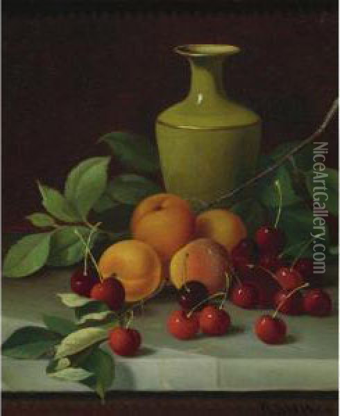 Red Cherries, Apricots, And Green Vase Oil Painting - Andrew John Henry Way