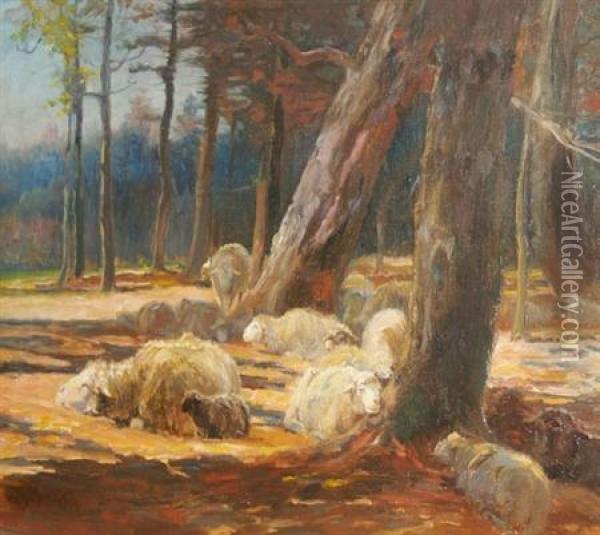American, 1858- Sheep At Restat The Edge Of A Wood Oil Painting - John Austin Sands Monks
