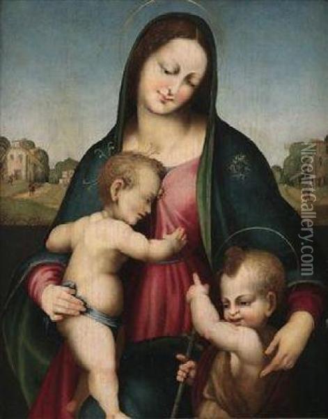 The Virgin And Child With The Infant Baptist Oil Painting - Maestro Di Serumido