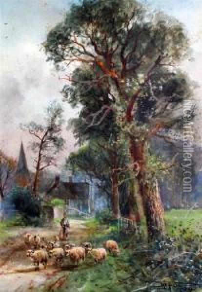 Shepherd And Flock On A Lane Oil Painting - Henry Charles Fox