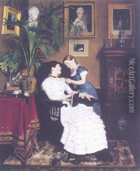 Two Ladies In An Interior Oil Painting - Thorolf (Frederik Paludan-Mueller) Petersen