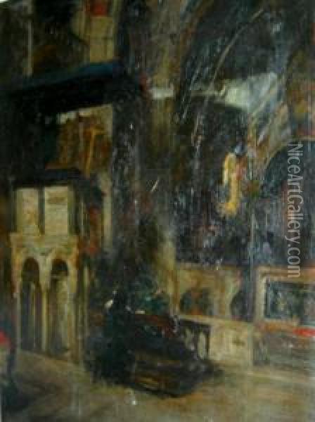 Donna In Preghiera Allinterno Di Una Chiesa Oil Painting - Achille Cattaneo
