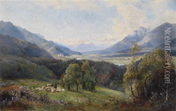 Blick In Ein Tal, Im Vordergrund Eine Schafherde Oil Painting - Emil Barbarini