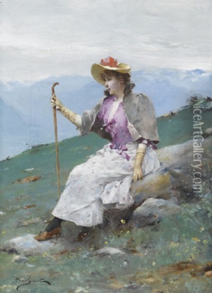 Bergwiese Mit Rastender Wandersfrau Oil Painting - Emile Auguste Pinchart