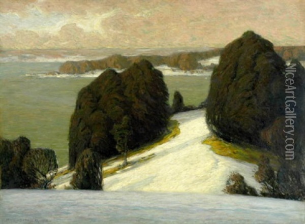 Blick Von Einer Schneebeckten Anhohe Auf Eine Sudlandische Bucht Im Abendrot Oil Painting - Rudolf Gonner