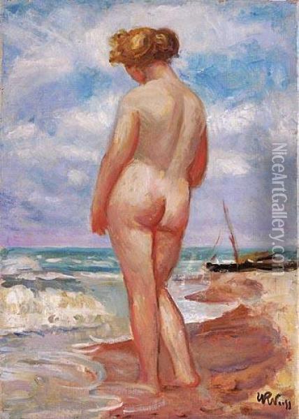 Akt Na Plazy Z Lodzia Rybacka W Tle Oil Painting - Wojciech Weiss