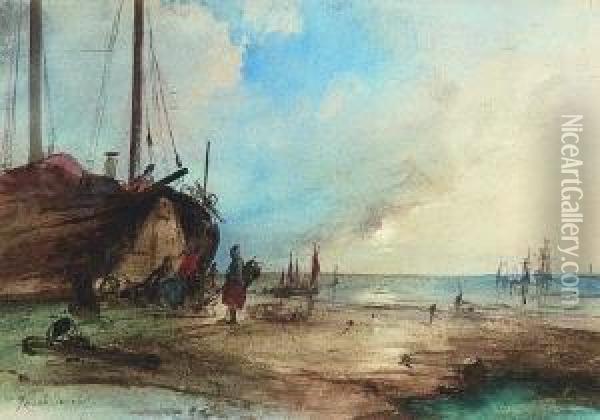 Fischerboote Am Strand. Oil Painting - Jacobus Jacobs