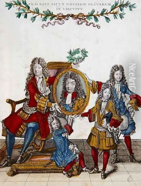 The French Royal Family holding a portrait of Louis XIV Oil Painting - Nicolas Arnoult