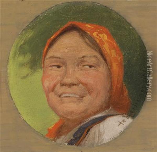Laughing Peasant Woman Oil Painting - Roman Kochanowski