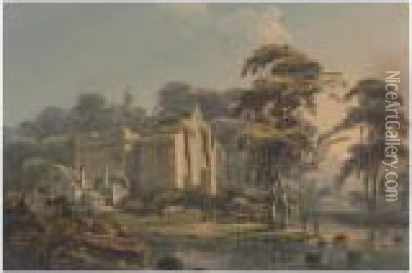A Church Ruin In A River Landscape Oil Painting - Thomas Walmsley