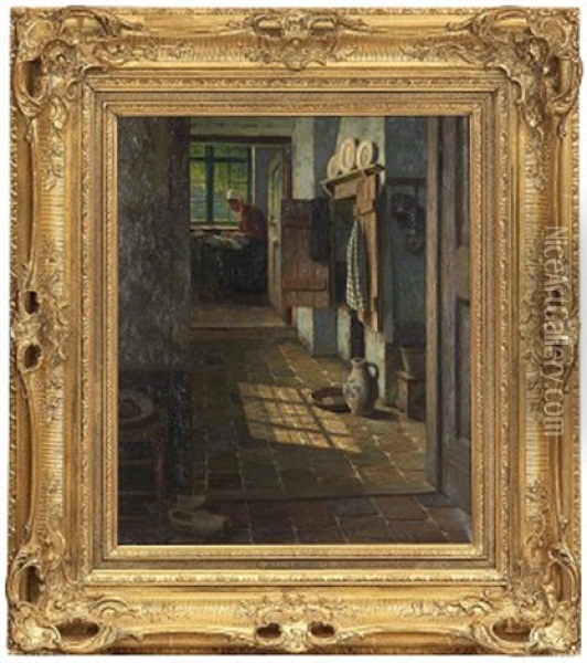Interior Med Handarbetande Kvinna Vid Fonster Oil Painting - Henrik Nordenberg