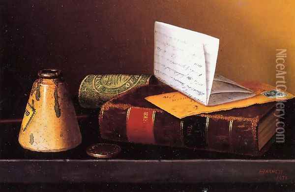 Still Life with Ink Bottle, Book and Letter Oil Painting - William Michael Harnett