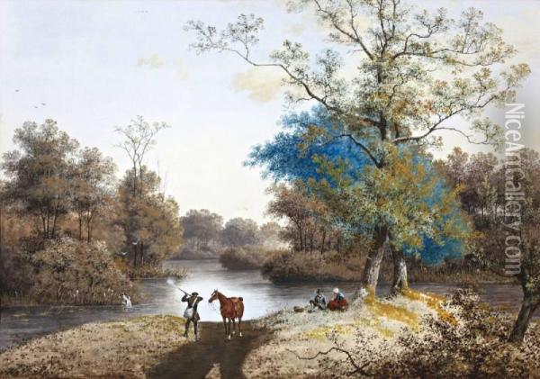 Landschap Met Jager En Romantisch Paar Aan Het Water Oil Painting - Henri Knip