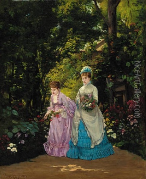 Elegant Ladies Gathering Flowers In A Garden Oil Painting - Henri Pierre Hippolyte Dubois