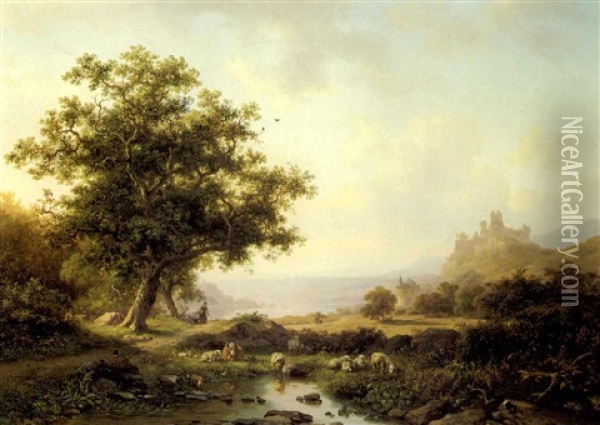 An Extensive River Landscape With A Castle On A Hill        Beyond Oil Painting - Frederik Marinus Kruseman