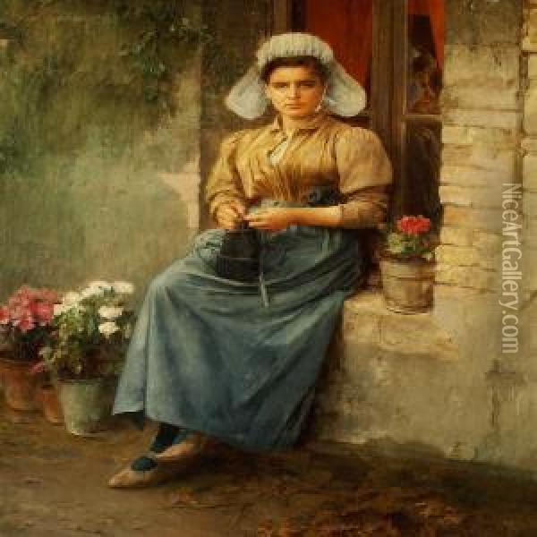 A Young Girl Sitting In A Windowsill Outside A House Oil Painting - Constant Mayer