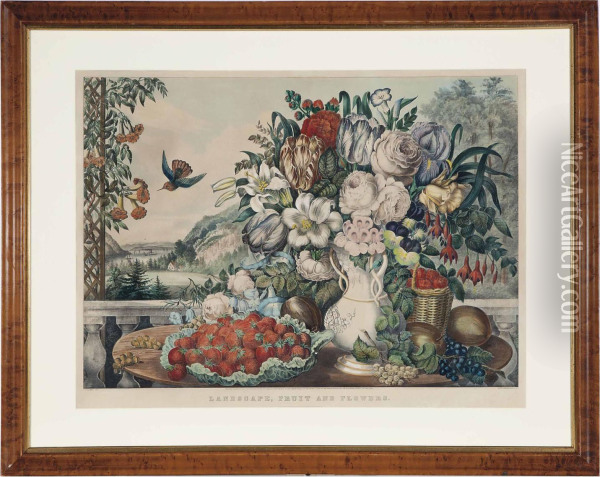 Landscape, Fruit And Flowers Oil Painting - Currier & Ives Publishers